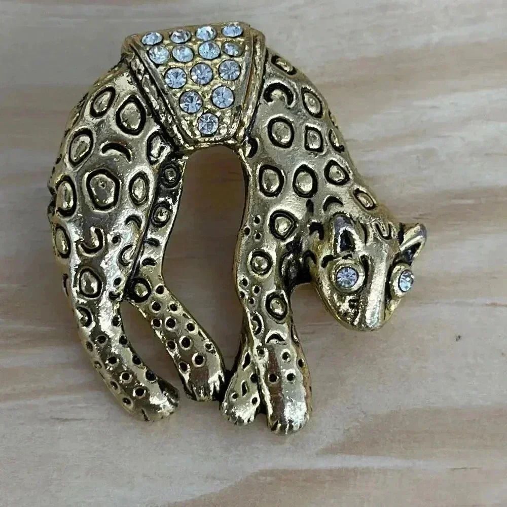 Vintage Spotted Leopard with Rhinestone Brooch